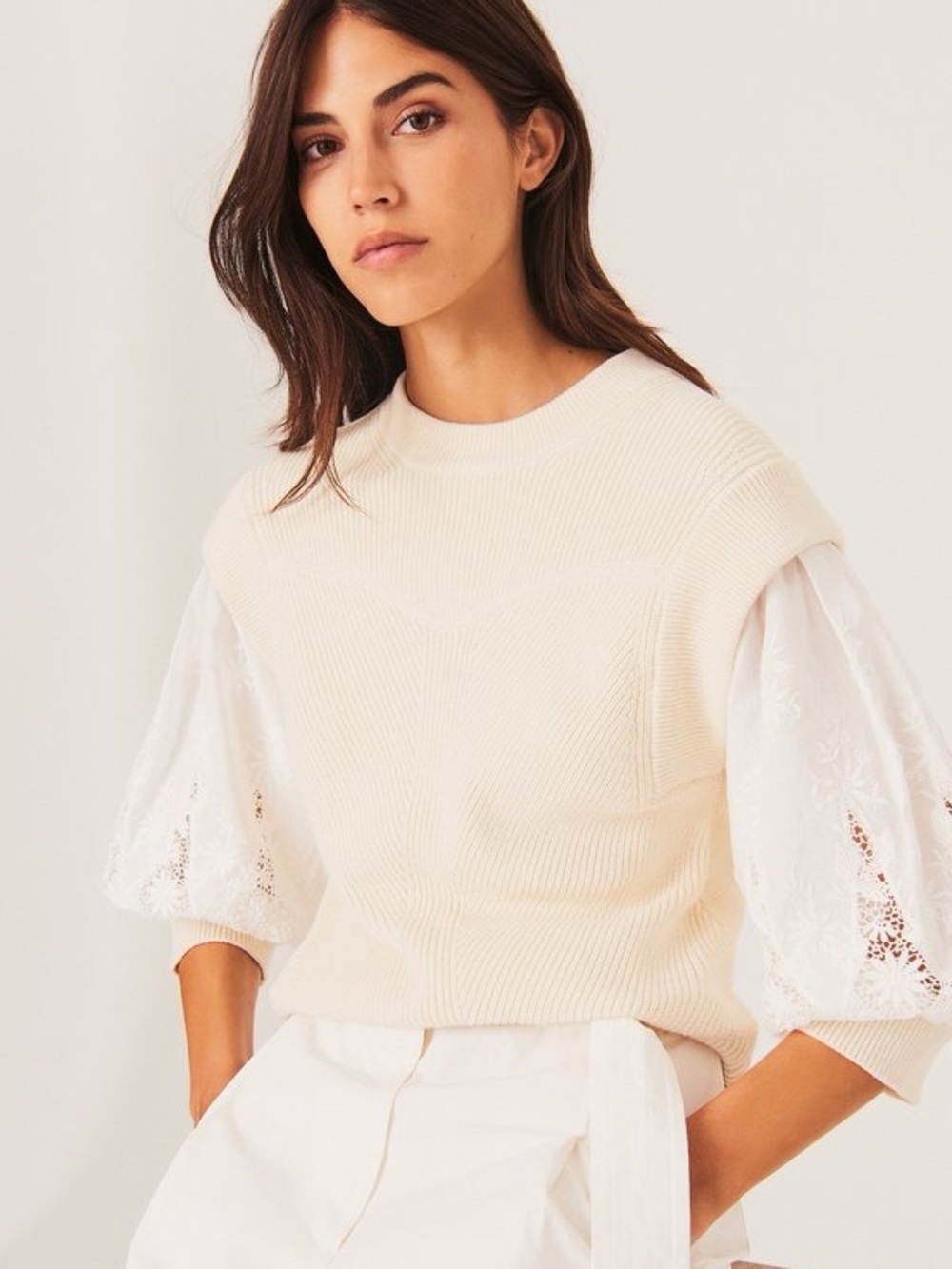 ba&sh Samoa Cotton Layered 2 in 1 Sweater with Embroidered Lace Puff Sleeves XS